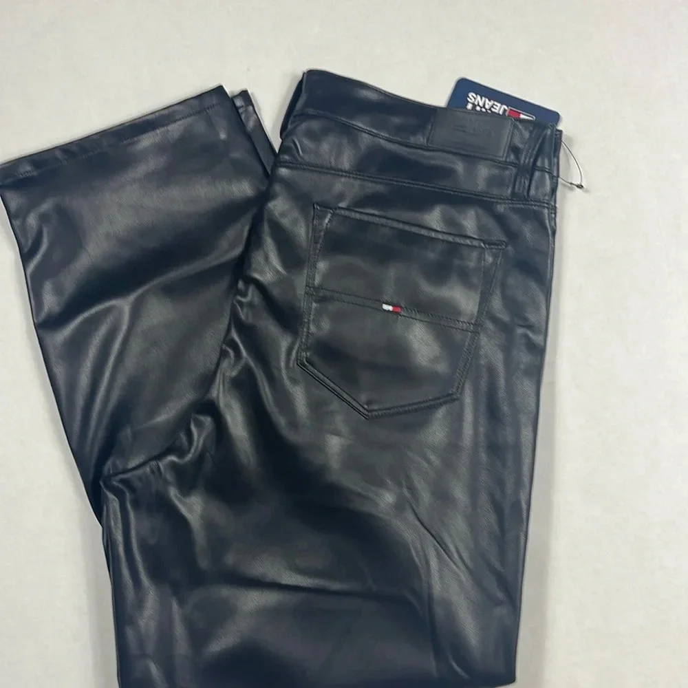 TOMMY JEANS Women's Mid-Rise Faux-Leather Straight-Leg Pants Sz 32